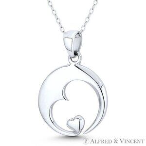 Sideways Heart Cutout & Bubble Heart Charm Circle Pendant in 925 Sterling Silver